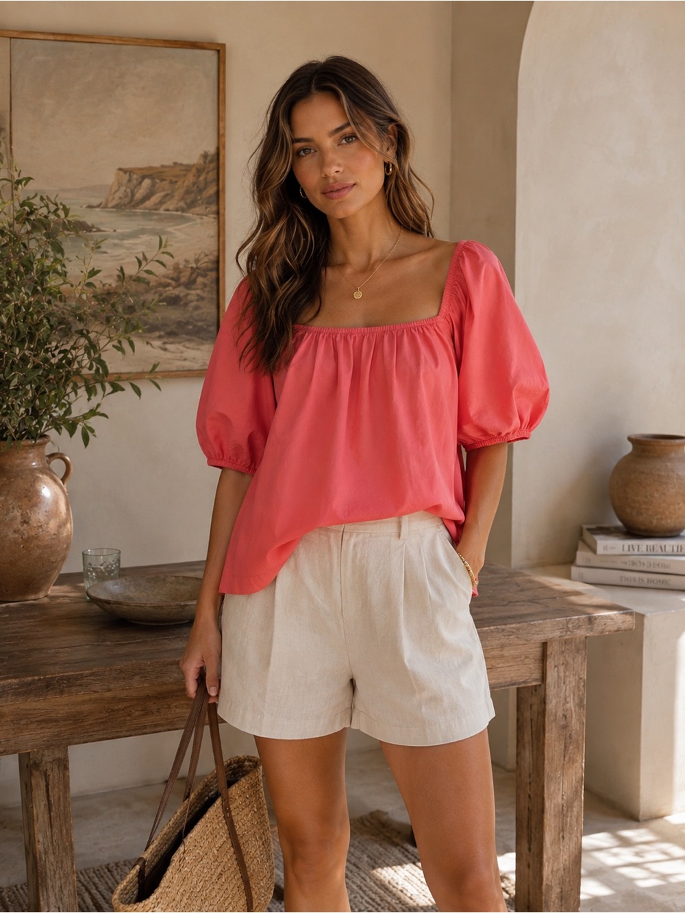 Candace Cameron Bure Coral Pink Square-Neck Puff Sleeve Blouse